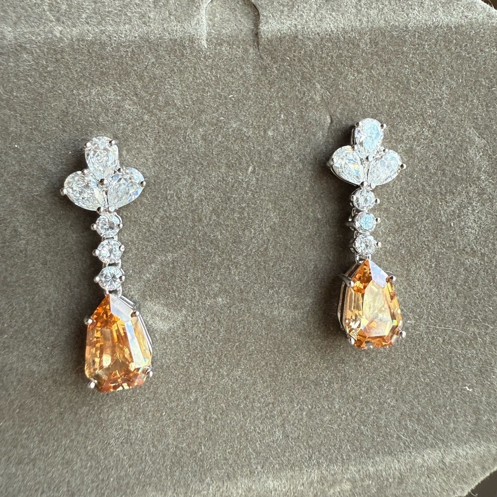 Nolan Miller Pierced Drop Earrings – Amber & Clear CZ – New Old Stock